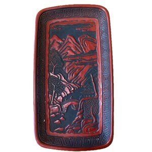 Japanese Red Cinnabar Vtg Lacquer Tray Carved Art Deco Container Scenery 8x4”